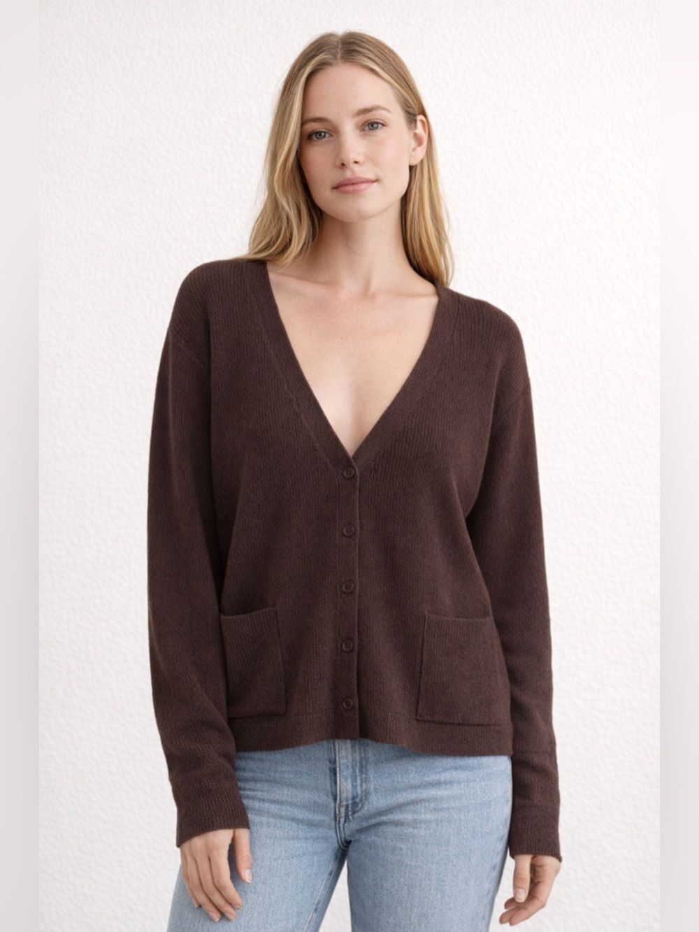 Eileen Fisher Brownstone Deep V-Neck Button Cardigan Sweater size Medium